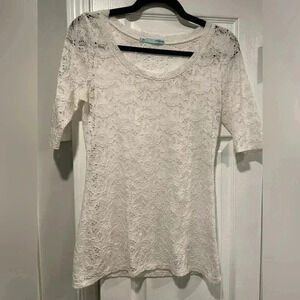 Maurice’s White Lace Stretch Short Sleeve Tree Sheer Pullover Scoop Neck Size S